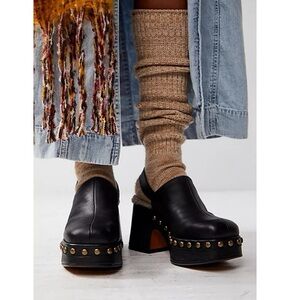 Free People Autumn Black Platform Clogs with Gold Studs